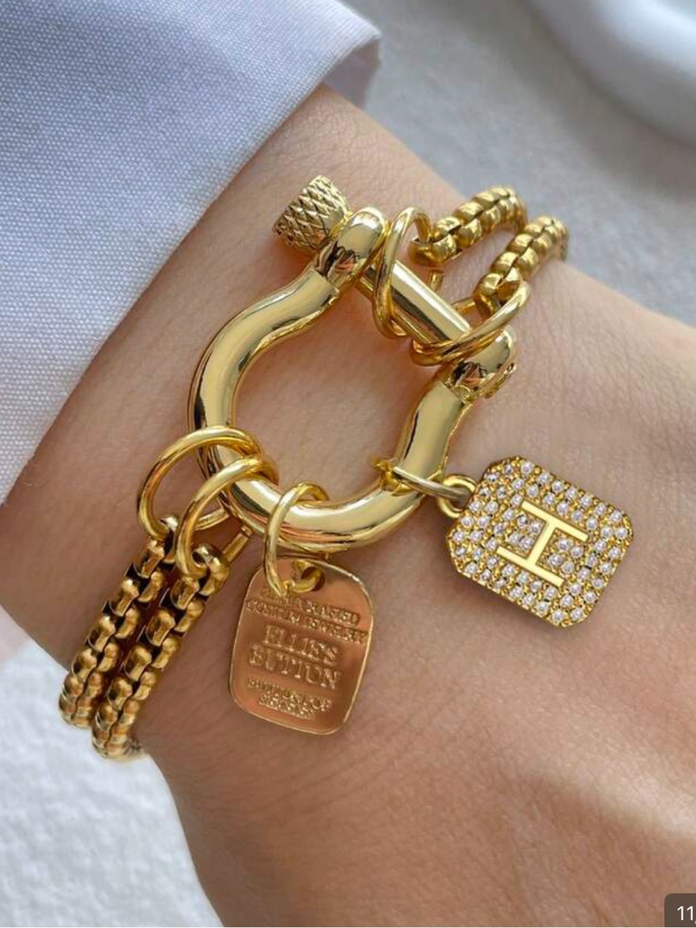 Gold Toggle Horseshoe Charm Bracelet with Pavé Initial Charm
